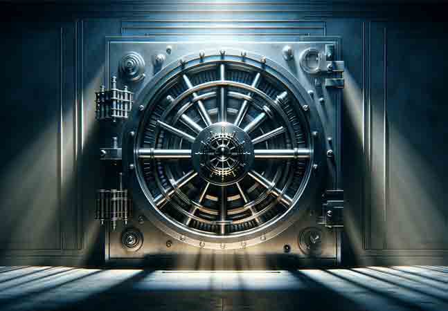 The closed door of a bank vault
