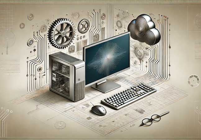 Desktop PC illustration in sepia tone