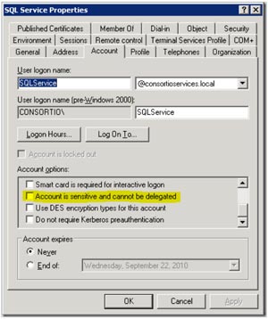 Account tab of the SQL Service Properties dialog