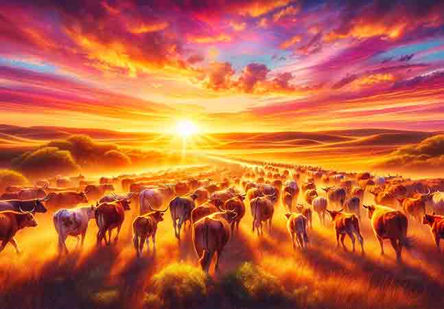 A herd of cattle walking toward the sunset