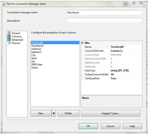 Advanced page in the Flat File Connection Manager Editor dialog